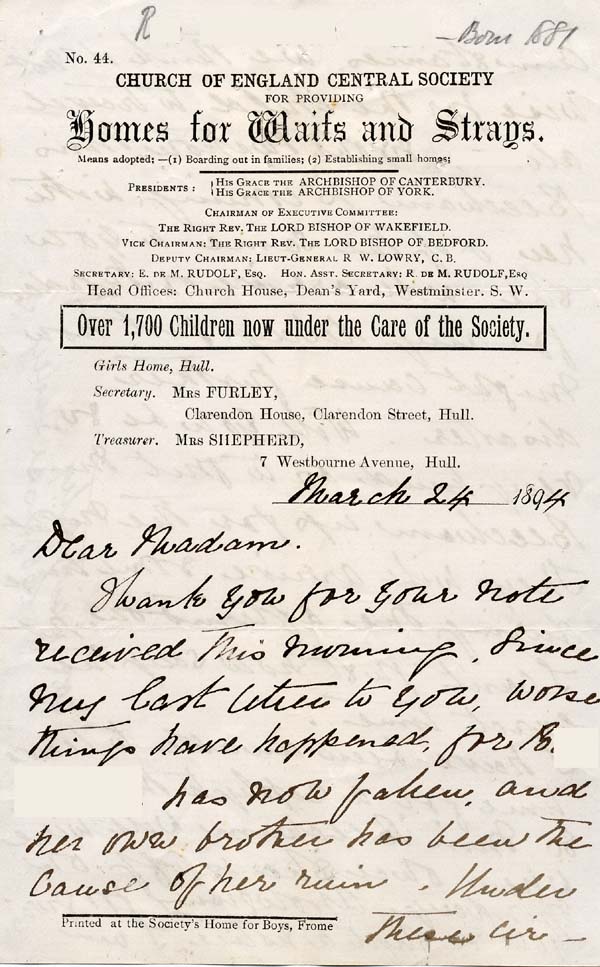 Large size image of Case 4215 2. Letter from Mrs Furley, Clarendon House Home  24 March 1894
 page 1