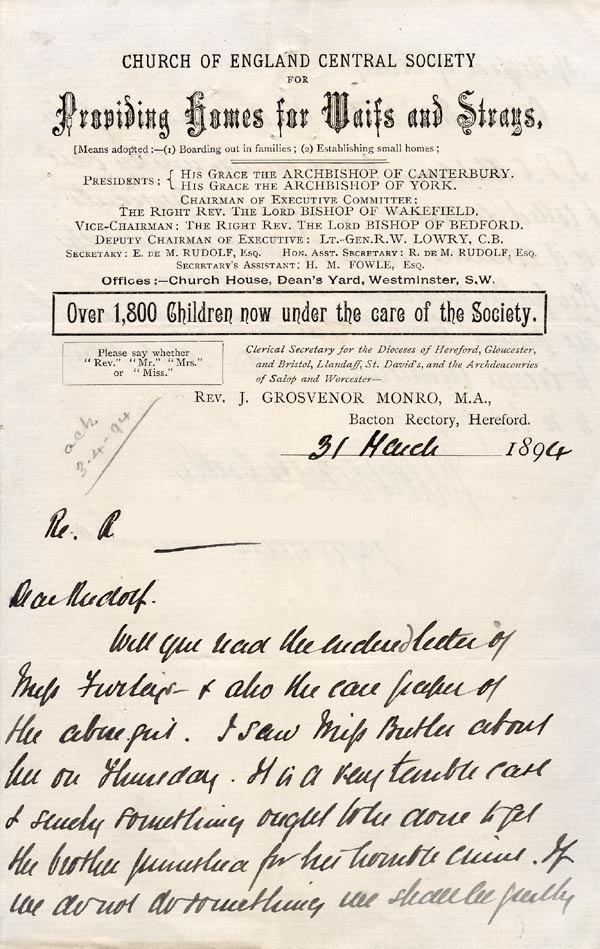 Large size image of Case 4215 4. Letter from Revd J. Grosvenor Monro to Edward Rudolf  31 March 1894
 page 1