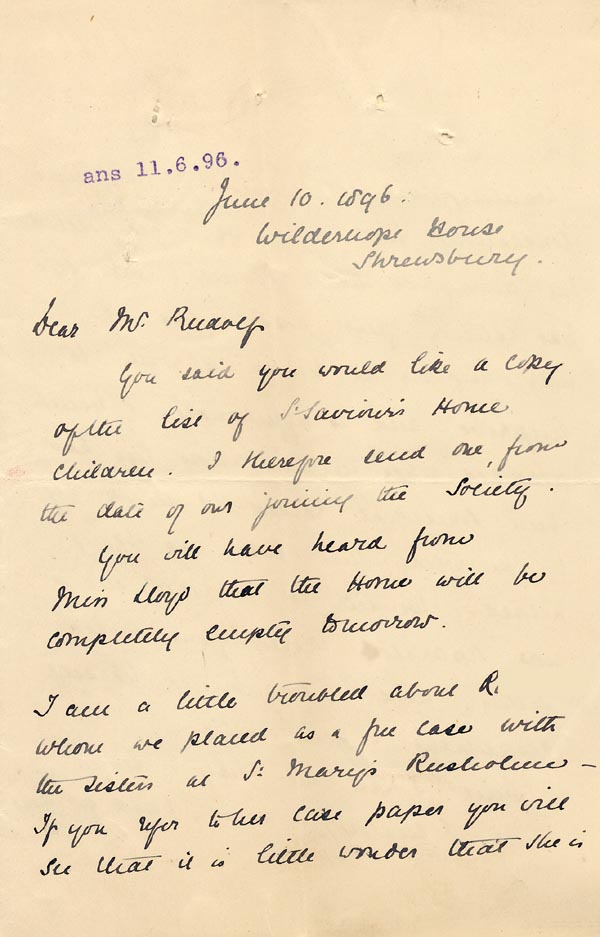 Large size image of Case 4215 6. Letter from Miss Butler, St Saviour's Home  10 June 1896
 page 1