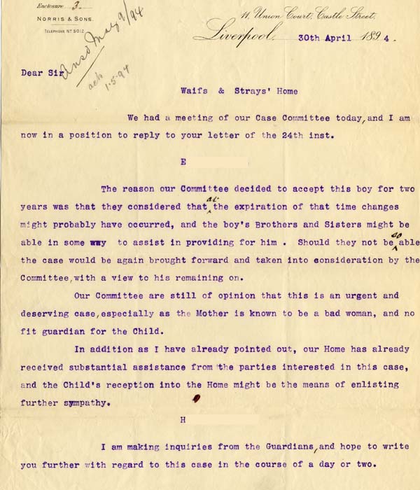 Large size image of Case 4284 3. Letter from George Norris  30 April 1894
 page 1