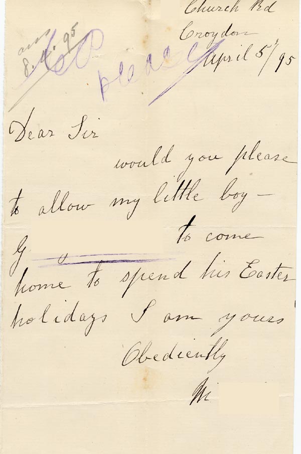 Large size image of Case 4314 3. Letter from G's mother requesting that her son be allowed to spend the Easter holidays at home  5 April 1895
 page 1