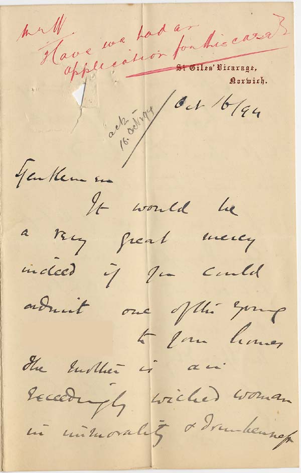 Large size image of Case 4488 3. Letter from St. Giles' Vicarage 16 October 1894
 page 1