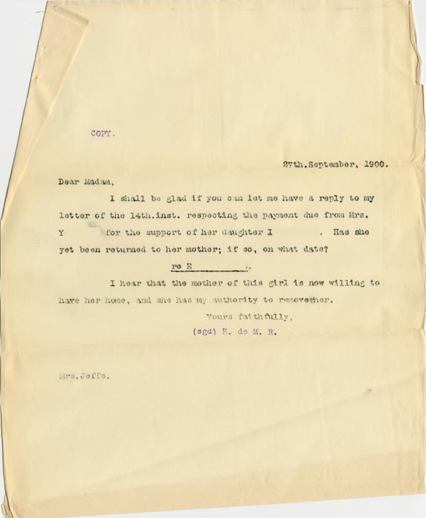 Large size image of Case 4664 6. Copy of letter from Edward Rudolf 27 September 1900
 page 1