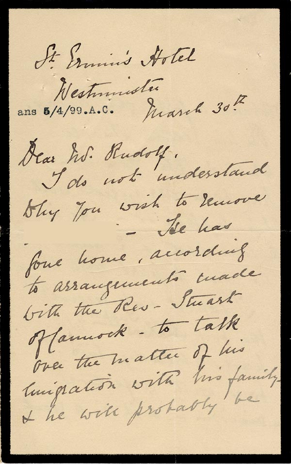 Large size image of Case 4751 3. Letter from Mrs Stevenson to Edward Rudolf  30 March 1899
 page 1
