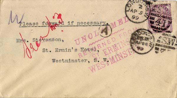 Large size image of Case 4751 5. Envelope and letter from Edward Rudolf to Mrs Stevenson  5 April 1899
 page 1
