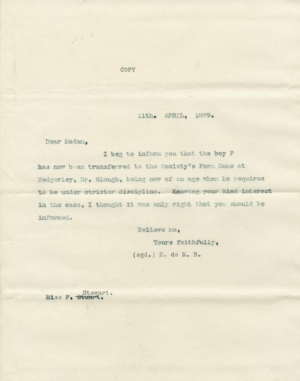 Large size image of Case 4751 6. Copy of letter from Edward Rudolf to Miss Stewart  11 April 1899
 page 1