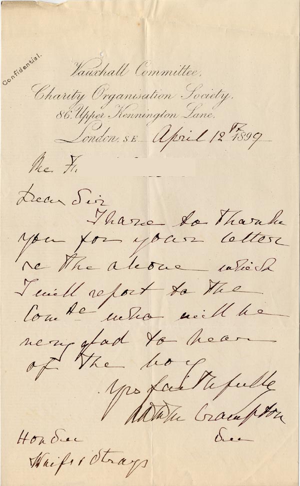 Large size image of Case 4751 7. Letter from Vauxhall Committee to Hon. Sec. of Waifs and Strays  12 April 1899
 page 1