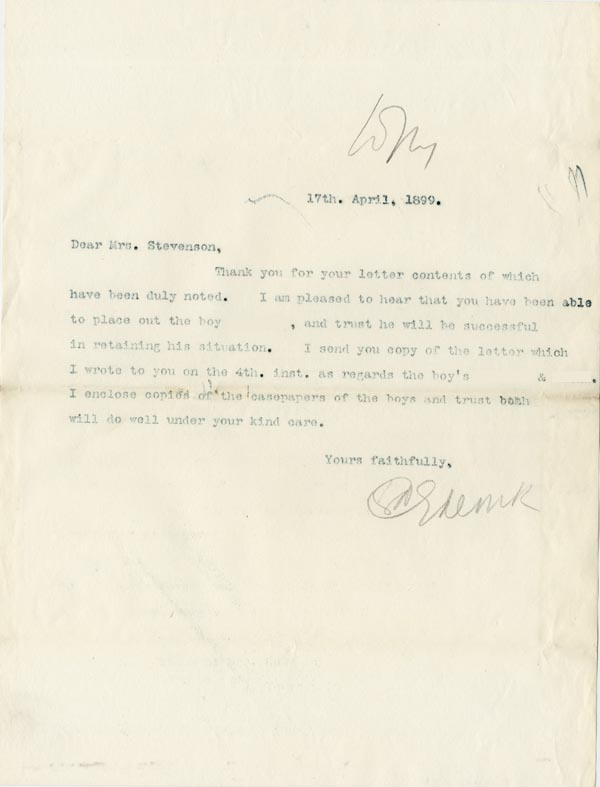 Large size image of Case 4751 9. Copy of letter from Edward Rudolf to Mrs Stevenson  17 April 1899
 page 1
