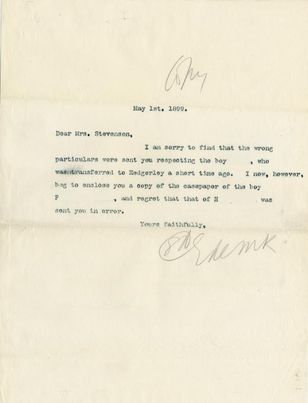 Large size image of Case 4751 10. Copy of letter from Edward Rudolf to Mrs Stevenson  1 May 1899
 page 1