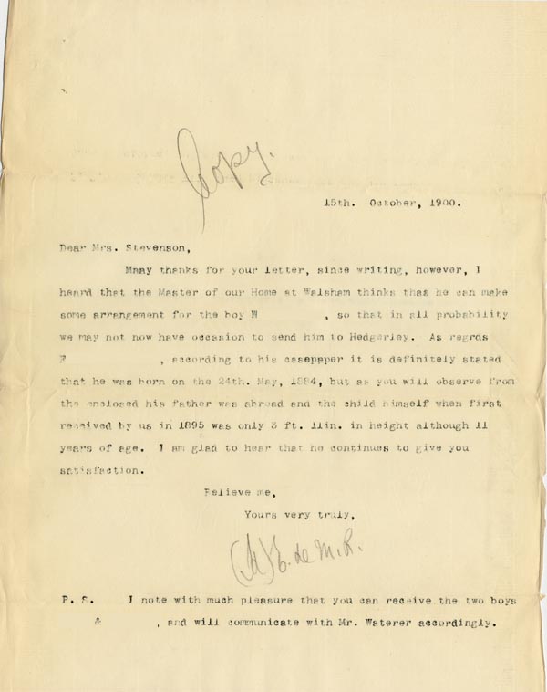 Large size image of Case 4751 12. Copy of letter from Edward Rudolf to Mrs Stevenson  15 October 1900
 page 1