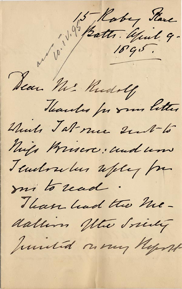 Large size image of Case 4770 5. Letter to Mr Rudolf from Miss Sanders 9 April 1895
 page 1