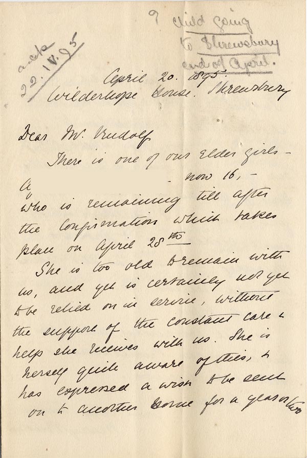 Large size image of Case 4770 7. Letter to Mr Rudolf  from Mary Butler 20 April 1895
 page 1