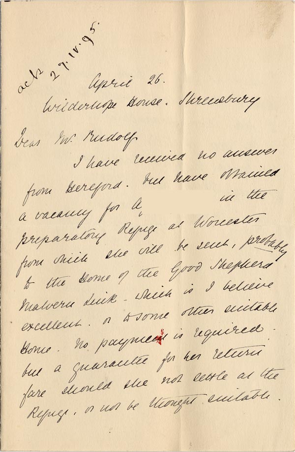 Large size image of Case 4770 8. Letter to Mr Rudolf  from Mary Butler 26 April 1895
 page 1