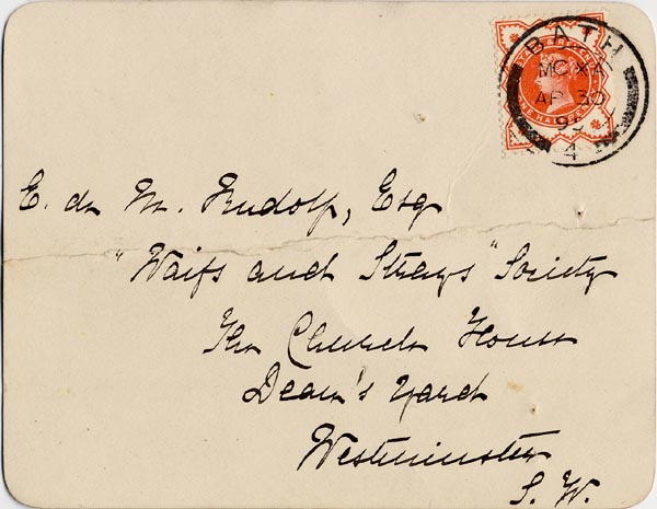 Large size image of Case 4770 9. Postcard to Mr Rudolf from Agnes Carpenter 29 April 1895
 page 1