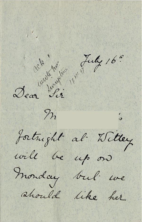 Large size image of Case 5008 11. Letter from Miss Hall Hall16 July 1896
 page 1