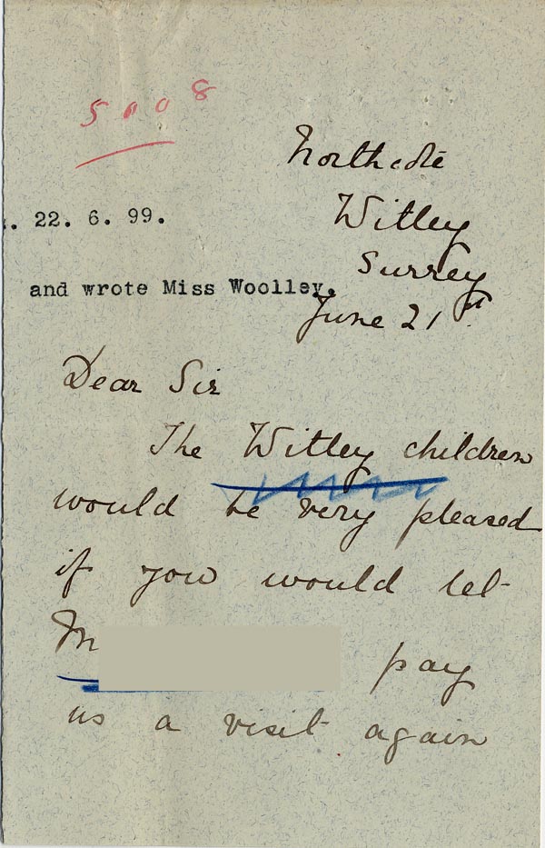 Large size image of Case 5008 15. Letter from Miss Hall Hall to Miss Woolley, Mildenhall Home 21 June 1899
 page 1