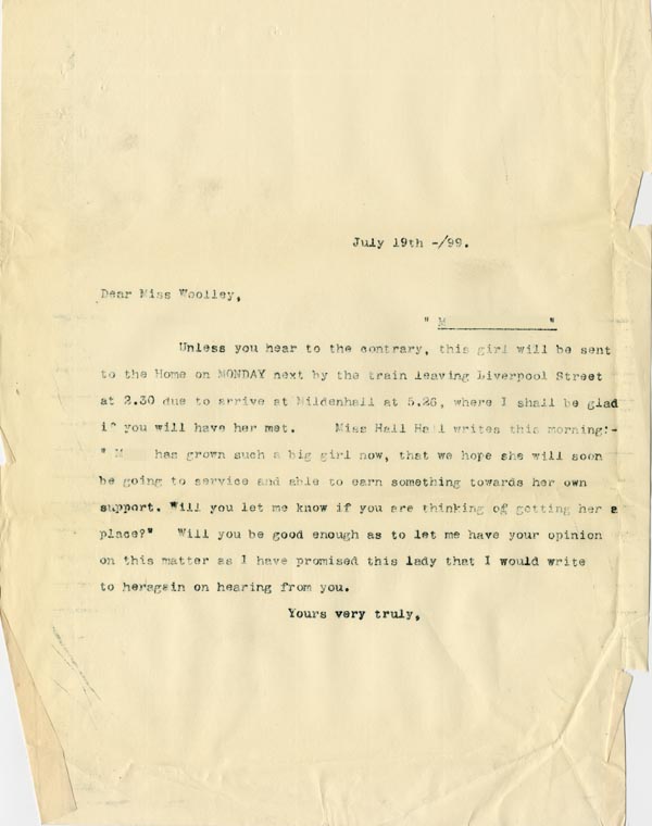 Large size image of Case 5008 19. Letter to Miss Woolley, Mildenhall Home 19 July 1899
 page 1