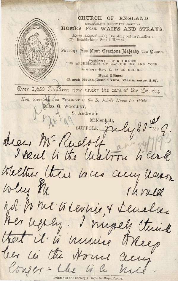 Large size image of Case 5008 23. Letter from Miss Woolley, Mildenhall Home to Mr. Rudolf 23 July 1899
 page 1