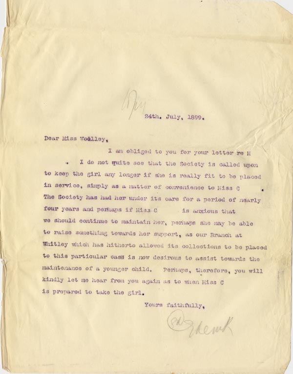 Large size image of Case 5008 24. Letter to Miss Woolley, Mildenhall Home 24 July 1899
 page 1