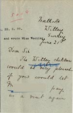 Image of Case 5008 15. Letter from Miss Hall Hall to Miss Woolley, Mildenhall Home 21 June 1899
 page 1