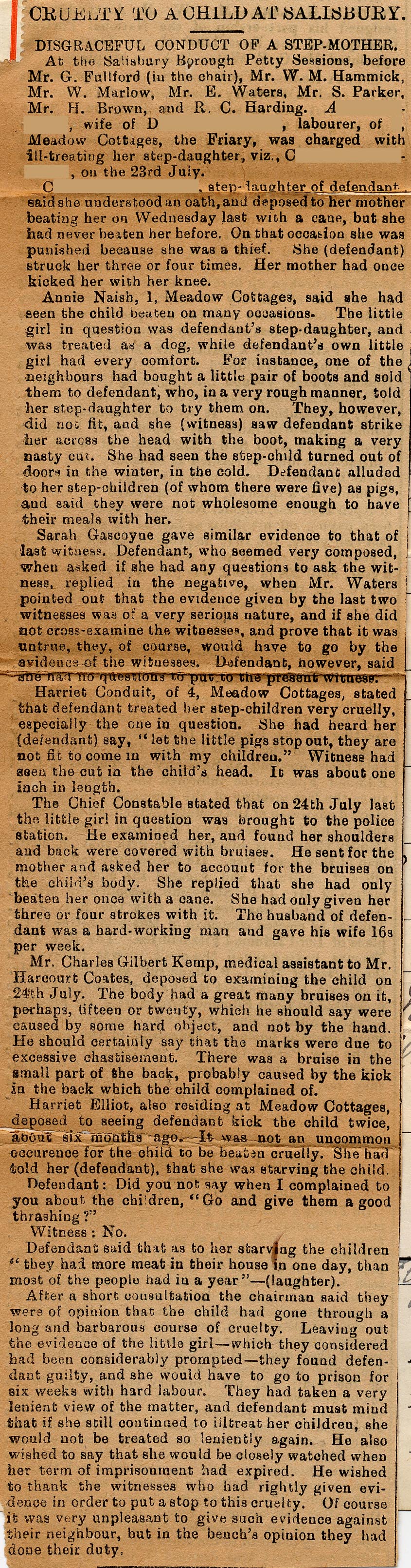 Large size image of Case 5504 2. Cruelty to a child at Salisbury, newspaper clipping, c. 30 July 1896
 page 1
