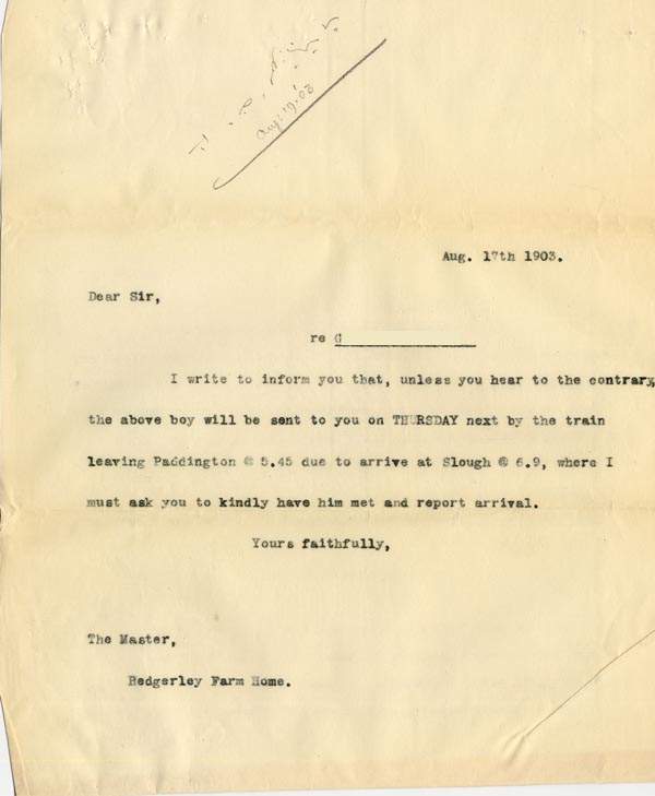 Large size image of Case 5929 5. Copy letter to The Master, Hedgerley Farm Home  17 August 1903
 page 1