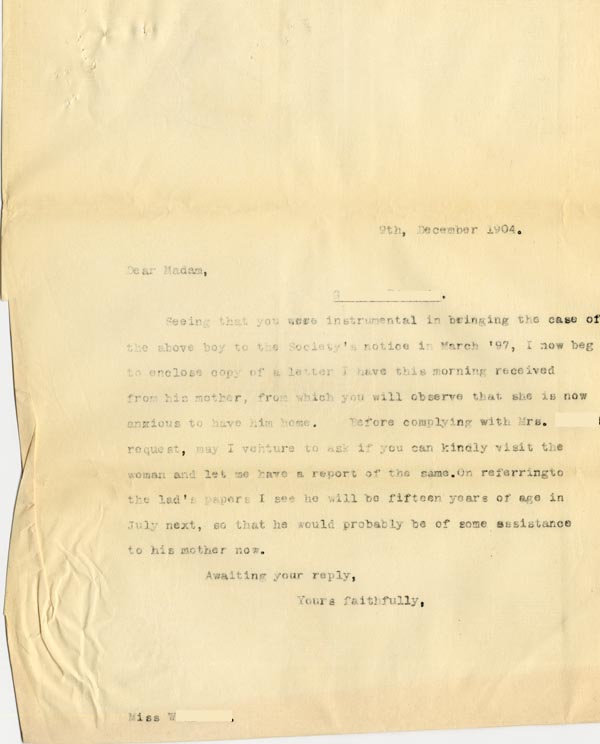 Large size image of Case 5929 8. Copy letter to Miss W.  9 December 1904
 page 1