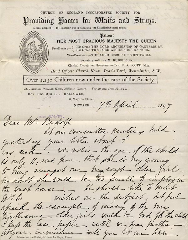 Large size image of Case 5959 3. Letter from St Barnabas Home, Newark  7 April 1897
 page 1