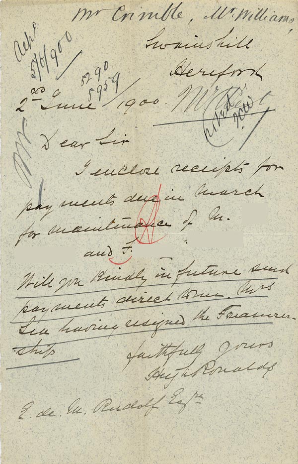 Large size image of Case 5959 9. Letter concerning maintenance payments  2 June 1900
 page 1
