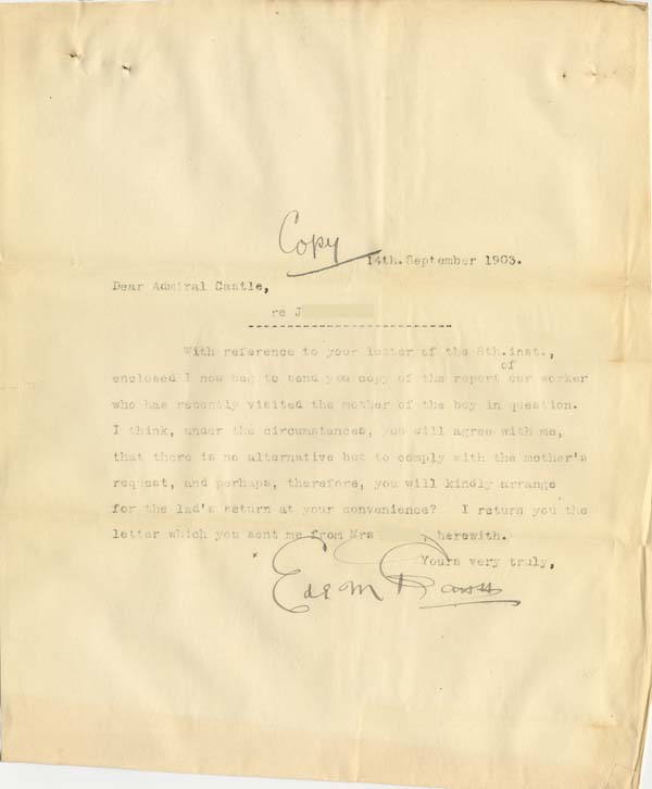 Large size image of Case 5977 9. Copy letter from Revd Edward Rudolf to Admiral Castle 14 September 1903
 page 1