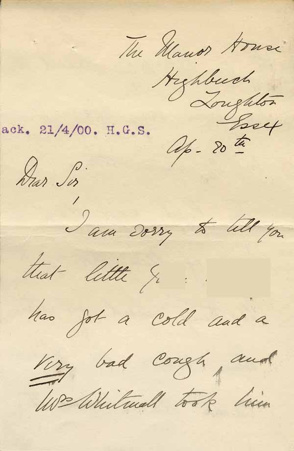 Large size image of Case 6001 3. Letter from Revd Macy reporting that J. has consumption [tuberculosis]  20 April 1900
 page 1