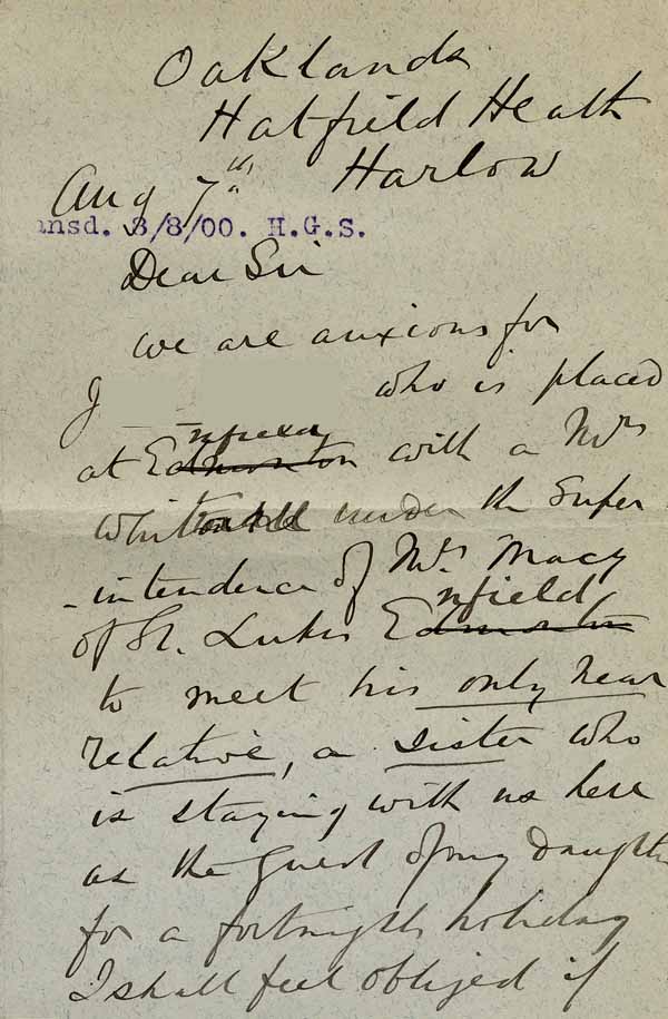 Large size image of Case 6001 6. Letter from Revd Williams about J. seeing his sister  7 August 1900
 page 1
