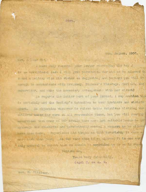 Large size image of Case 6001 7. Copy letter from Revd Edward Rudolf  8 August 1900
 page 1
