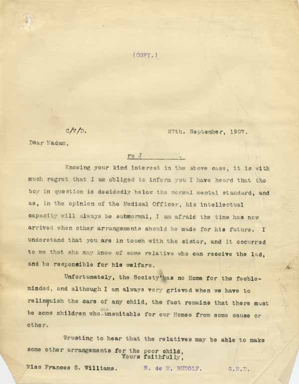 Large size image of Case 6001 13. Copy letter from Revd Edward Rudolf  27 September 1907
 page 1