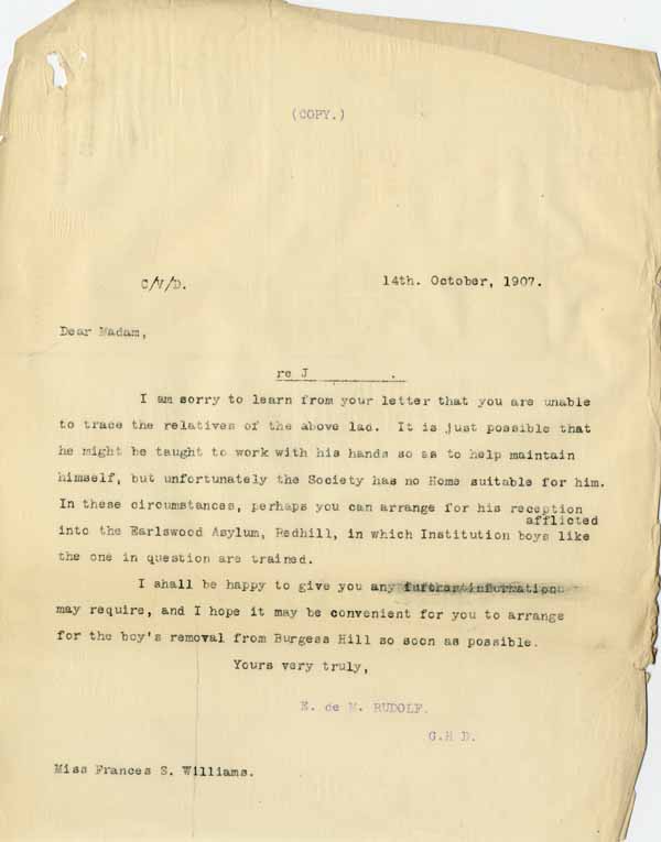 Large size image of Case 6001 15. Copy letter from Revd Edward Rudolf  14 October 1907
 page 1