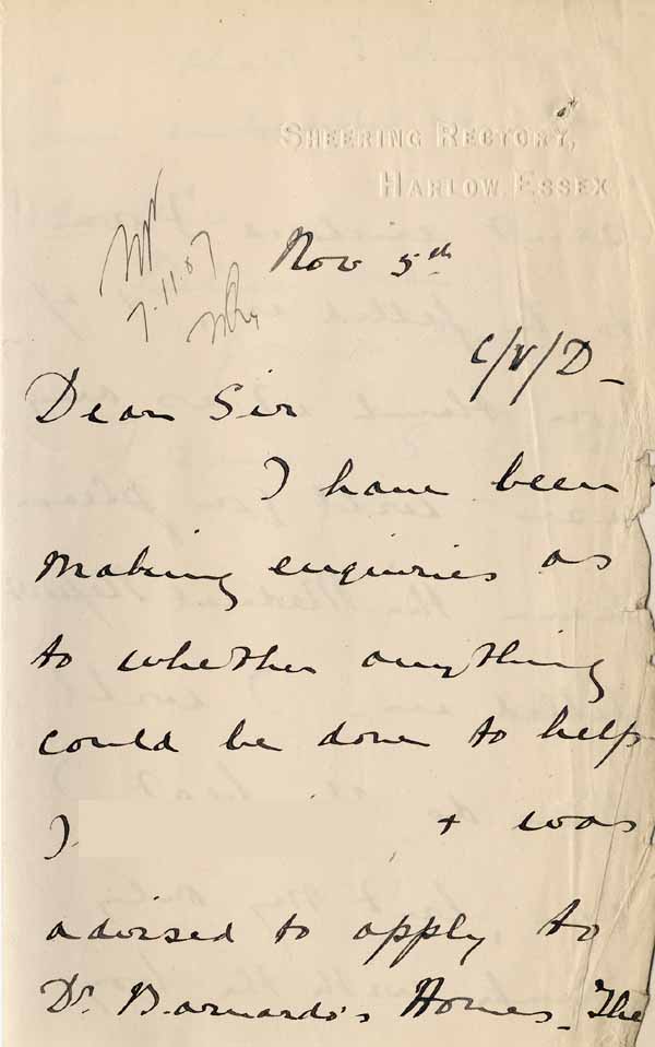 Large size image of Case 6001 16. Letter from Miss Williams about applying to a Dr Barnardo's Home  5 November 1907
 page 1