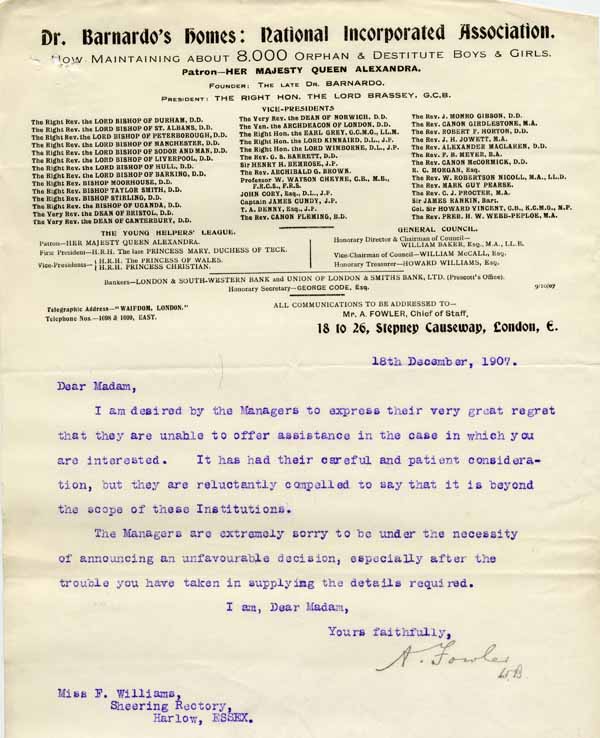 Large size image of Case 6001 17. Letter from Mr A. Fowler, Chief of Staff of Dr Barnardo's Homes saying they are unable to help  18 December 1907
 page 1