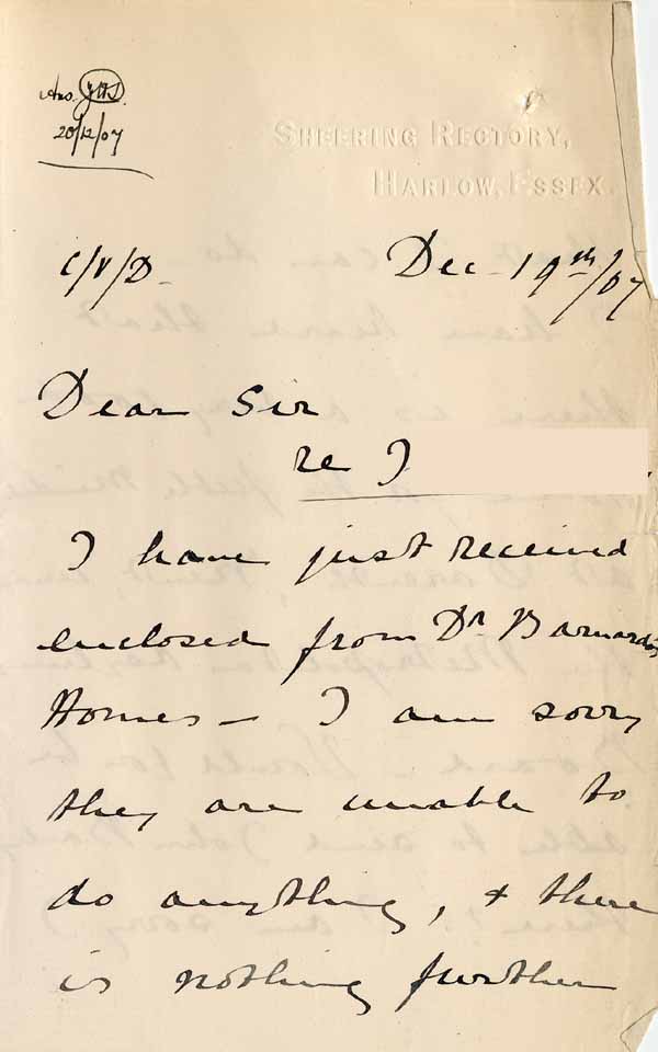 Large size image of Case 6001 18. Letter from Miss Williams giving news of Dr Barnardo's Homes and suggesting a Metropolitan Asylums Board Home in Darenth, Kent  19 December 1907
 page 1