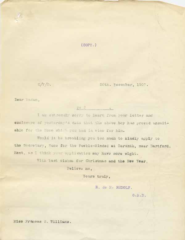 Large size image of Case 6001 19. Copy letter from Revd Edward Rudolf  20 December 1907
 page 1