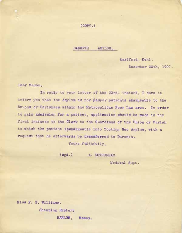 Large size image of Case 6001 20. Copy letter to Miss Williams from the Darenth Asylum  30 December 1907
 page 1