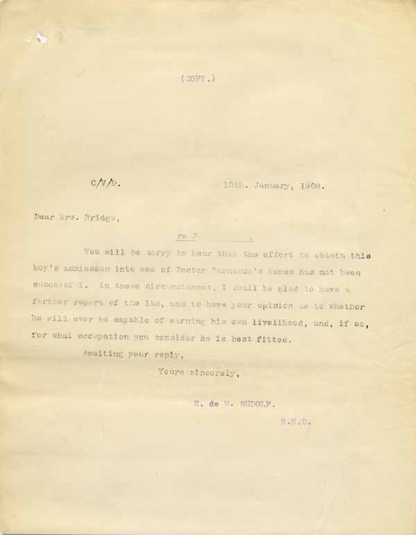 Large size image of Case 6001 22. Copy letter to St Luke's Home enquiring whether it was felt that J. would be capable of earning his own living  10 January 1908
 page 1