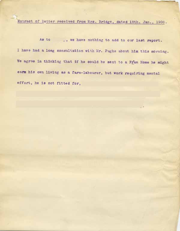 Large size image of Case 6001 23. Extract of a letter from Mrs Bridge of St Luke's Home  18 January 1908
 page 1