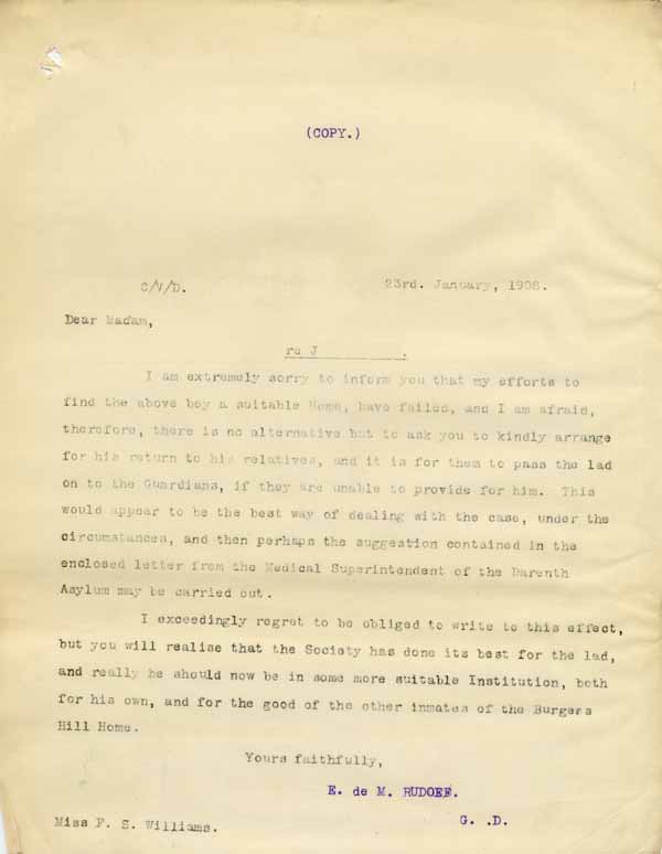 Large size image of Case 6001 24. Copy letter from Revd Edward Rudolf to Miss Williams  23 January 1908
 page 1