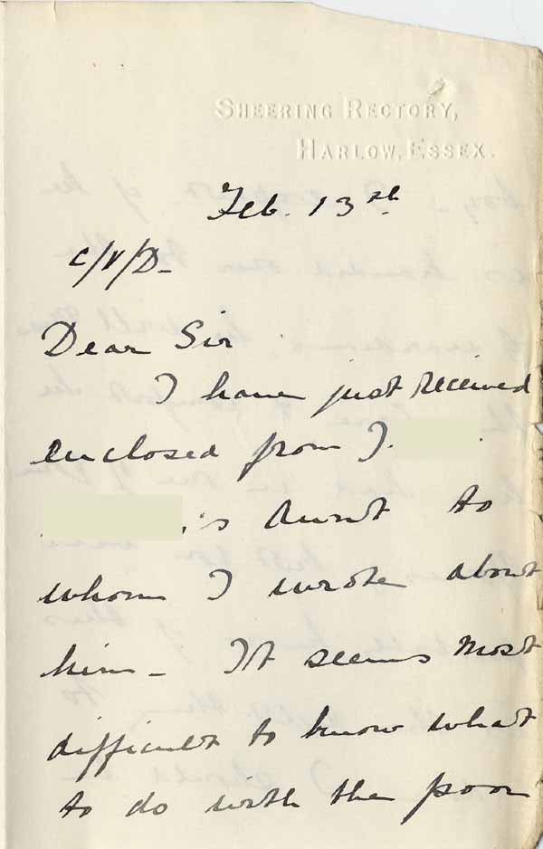 Large size image of Case 6001 26. Letter from Miss Williams to Revd Edward Rudolf enclosing the letter from J's aunt  13 February 1908
 page 1