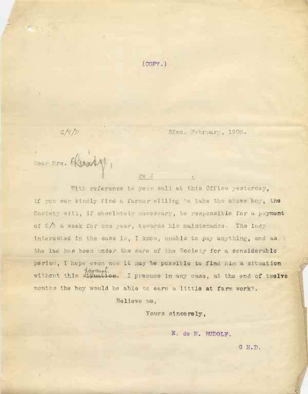 Large size image of Case 6001 29. Copy letter from Revd Edward Rudolf about payments for J.  22 February 1908
 page 1