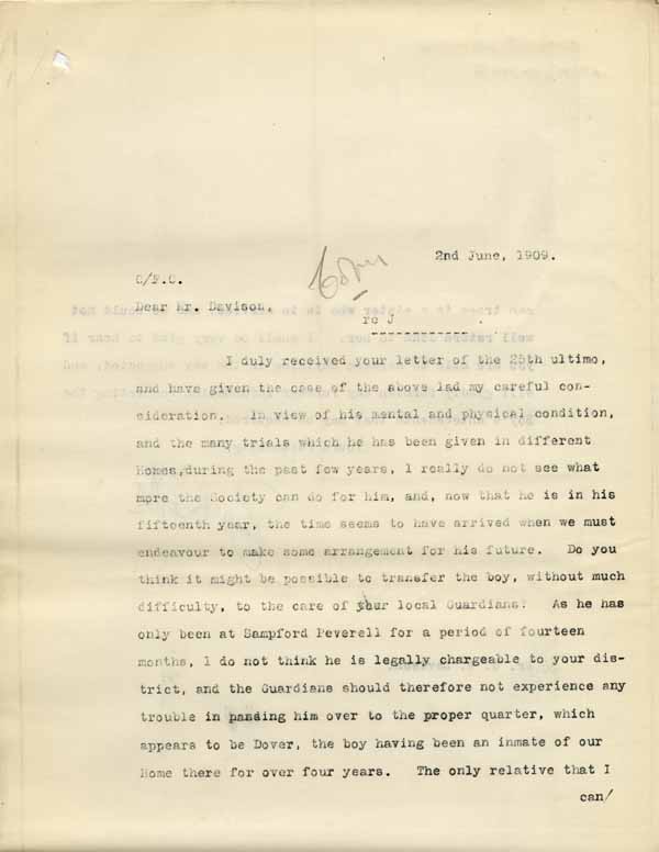 Large size image of Case 6001 32. Copy letter from Revd Edward Rudolf suggesting J's possible transfer to the Poor Law Guardians  2 June 1909
 page 1