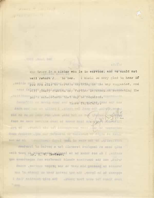Large size image of Case 6001 32. Copy letter from Revd Edward Rudolf suggesting J's possible transfer to the Poor Law Guardians  2 June 1909
 page 2