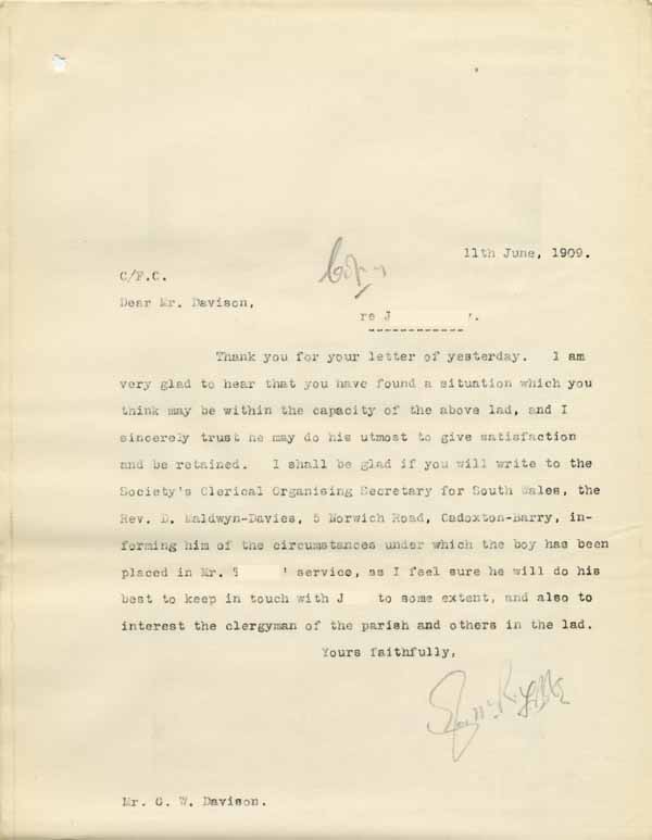 Large size image of Case 6001 34. Copy letter from Revd Edward Rudolf  11 June 1909
 page 1
