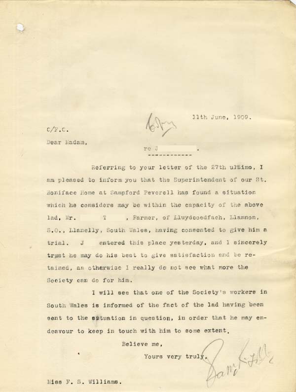 Large size image of Case 6001 35. Copy letter from Revd Edward Rudolf to Miss Williams  11 June 1909
 page 1