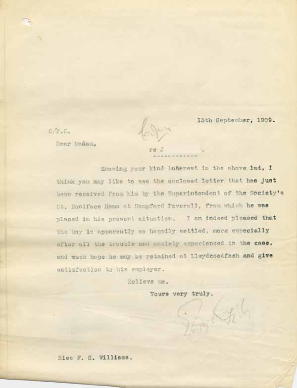Large size image of Case 6001 38. Copy letter from Revd Edward Rudolf sending a copy of J's letter to Miss Williams  13 September 1909
 page 1